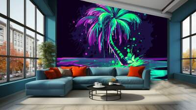 T-shirt vector of an abstract neon glowing palm tree and some green paint splashes on a black background Wall mural