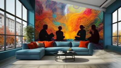 Three silhouettes sitting on the ground, talking to each other in an environment with psychedelic patterns and colors, including reds, yellows, greens, blues and purples. Wall mural