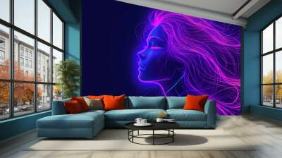 Vibrant neon colors and dynamic lighting effects create an intricate line art portrait of a mythical girl with long hair against a dark background Wall mural