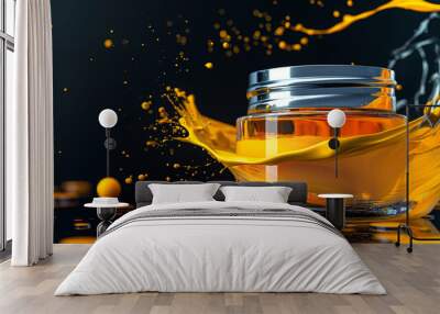 Vibrant splash of orange liquid around a glass jar reflecting light on a dark background Wall mural