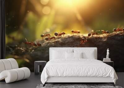 a colony of ants walking on mossy logs in search of food. Ant macro photography. Generative Ai
 Wall mural