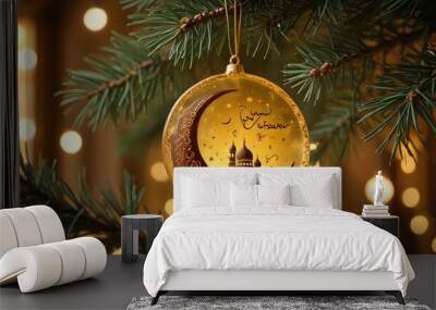 A Eid or Ramzan ornament with a blue moon and a yellow star on it Wall mural