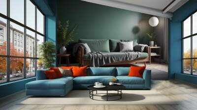 A living room with a couch coffee table and a television Wall mural