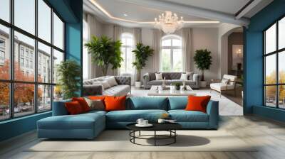 Photo modern style interior room 3d illustration Interior,Kitchen,Washrooms frame living room with colorful white sofa,led with blank frame Wall mural