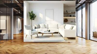 Poster frame mock up in modern home living room interior with white sofa and coffee table with decor, 3d render Wall mural