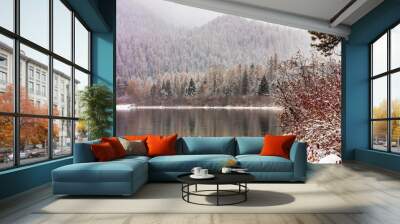 Snowy autumn day on Tally Lake in the Flathead National Forest, Montana, USA Wall mural