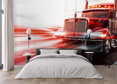 Red semi truck speeding on highway with motion blur effect and dynamic lighting Wall mural