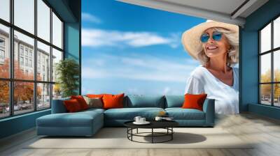 beautiful smiling senior woman in sunglasses and straw hat walking on beach Wall mural