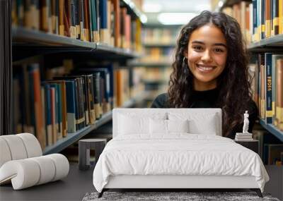 Beautiful student girl smiling with arms folded in a library Wall mural