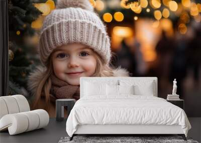 childhood, leisure and season concept - portrait of happy little girl in winter clothes outdoors Wall mural