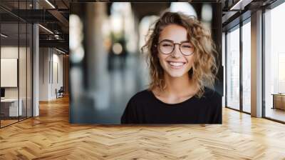 Close up portrait of a young smart caucasian woman female student teenager wearing glasses walking in city outdoors in summer Wall mural