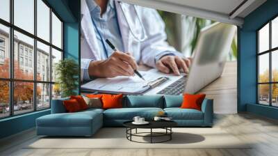 Close up professional female doctor wearing uniform taking notes in journal, physician therapist practitioner filling medical documents, clipboard, patient form, illness history, prescription Wall mural