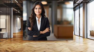 Closeup portrait, young professional, beautiful confident woman in blue shirt, arms crossed folded, smiling isolated indoors office background. Positive human emotions Wall mural