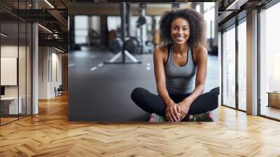 Gym, portrait or happy black woman on break after a workout, exercise or training for fitness. Funny, smile or healthy sports girl or female African athlete smiling or relaxing Wall mural