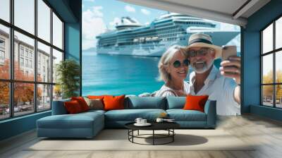 Happy elderly couple on the background of a ship tourism Wall mural