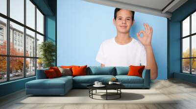 Portrait of a cheerful young boy showing okay gesture isolated on blue background Wall mural