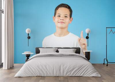 Portrait of cheerful boy with good idea - isolated over blue background. 10 year old kid pointing finger up. Child points by finger upward. Cheerful boy shows something Wall mural