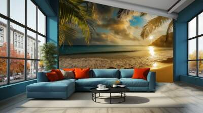 Beautiful wide panorama of a paradise beach with golden sand and palm leaves in blur. Summer Wall mural