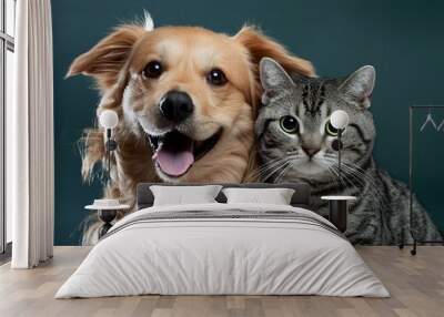 Portrait of Happy dog and cat that looking at the camera together isolated Wall mural