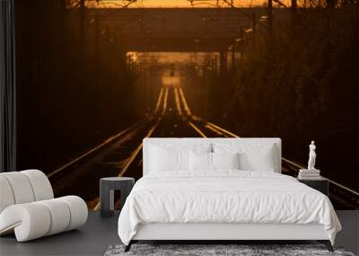 Railroad lines with beautiful light at sunset in background Wall mural