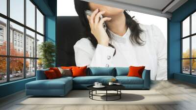 lovely businesswoman wearing white sitting with laptop and  takl Wall mural