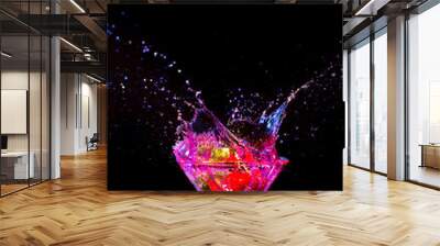 Strawberry in Whine Glass Along With Droplets Colorful Liquid. Isolated Over Black. Wall mural