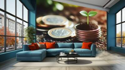 A seedling is growing on a coin lying on the ground. representing green investment concept, rising money to invest. financial growth concept Wall mural