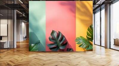 Colorful background with tropical leaves and shadows. Three vertical pastel color backgrounds for product presentation, poster or banner template. Summer concept Wall mural