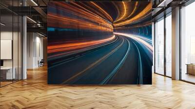 a dynamic, high-speed scene, likely captured from a moving vehicle, such as a train or car. The image is full of vibrant streaks of light, suggesting rapid motion, with a curving path that creates a s Wall mural