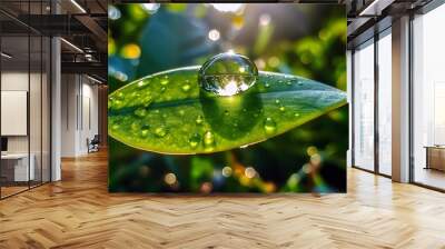 Beautiful waterdrops on a fresh green leaf with reflection. Close-up view. Beautiful leave texture. Generative AI. Wall mural