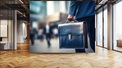 business person with briefcase walking in street with blurry background Wall mural