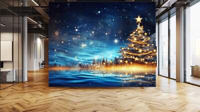 christmas and new year holidays concept. golden christmas tree with stars and shiny lights on a blue abstract night background Wall mural