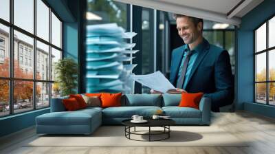 Confident businessman holding paperwork with a smile in office collaboration. Wall mural