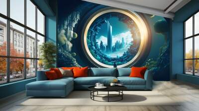 Fantastic blue portal revolving tunnel Connect stairs floating in midair Inside the tunnel under the sunlight in the distance is a scifi style citystate scene Hightech buildings are dominated by  Wall mural