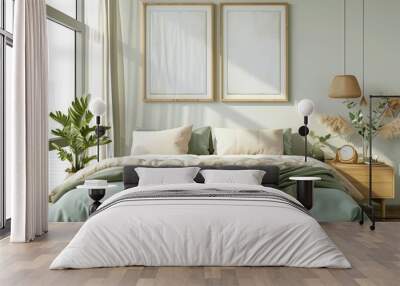 A simple bedroom with green and neutral tones, featuring two blank picture frames on the wall above an elegant bed with a soft pastel blanket Wall mural