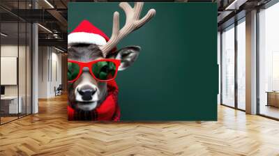 reindeer with glasses wearing santa hat on green background Wall mural