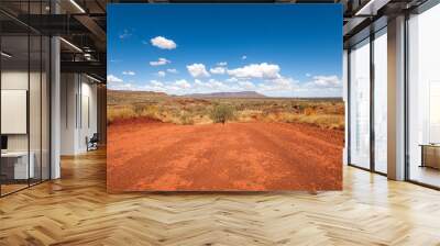 a wide shot of the harsh arid red landscape of the australian outback bush, with a vivid blue sky backdrop Wall mural