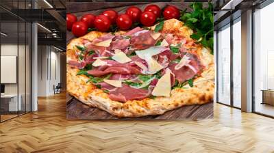 Homemade fresh delicious gourmet pizza whit grana cheese, raw ham and rocket ,Tasty italian pizza isolated on white background,Close up with selective focus Wall mural