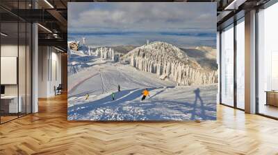 Pine forest covered in snow on winter season,Mountain landscape in Poiana Brasov with view over the the ski slope with skiers and snowboarders enjoy the ski, Transylvania,Romania Wall mural