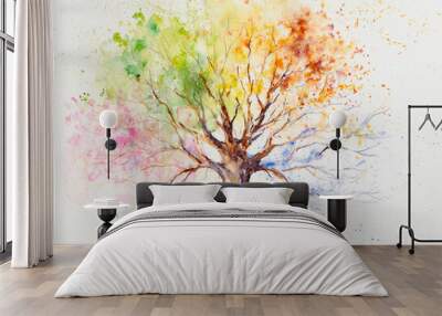 Hand painted illustration of colorful four season tree.Picture created with watercolors on paper. Wall mural