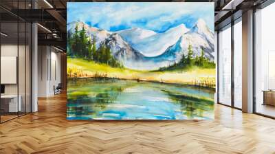 Lake with Mountains. Landscape watercolor painting of snow covered mountains with a lake Wall mural