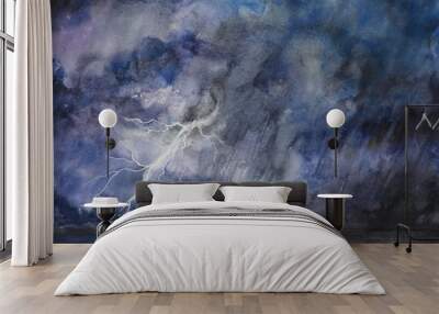 Stormy night sky watercolor painting abstract background with lightning Wall mural