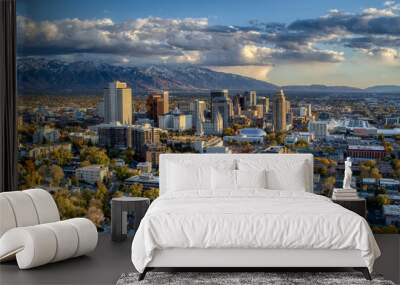 Salt lake City Drone Profile with Mountains 1 Wall mural