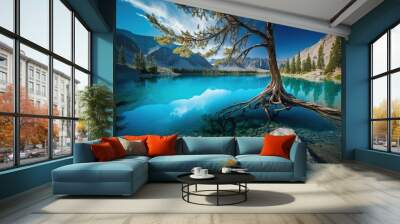 Majestic tree with roots in crystal clear blue mountain lake. Wall mural