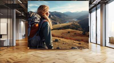 female hiker with backpack looking out over a landscape Wall mural