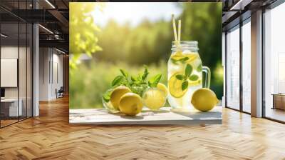 Summer refreshing cold summer lemonade drink or alcoholic cocktail with ice, rosemary and lemon slices on the table in the garden. Fresh healthy cold lemon beverage. Water with lemon Wall mural