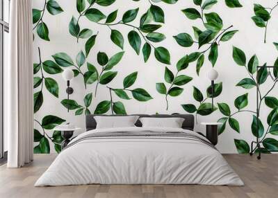 A pattern of green leaves with a glossy finish arranged symmetrically on a clean white backdrop, creating a calming visual. Wall mural