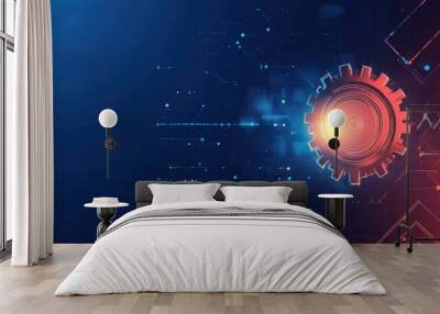 A sleek blue gradient background featuring a prominent gear and neon elements, representing the connection between technology and science. Wall mural