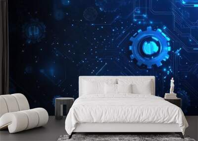 A sophisticated blue gradient design featuring gears, circuit boards, and abstract shapes, highlighting high-tech innovation. Wall mural