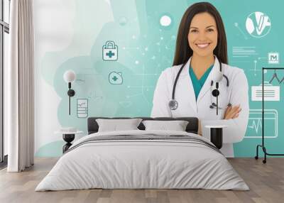 Medical professional with insurance icon, hospital background, doctor showcasing graphic Wall mural